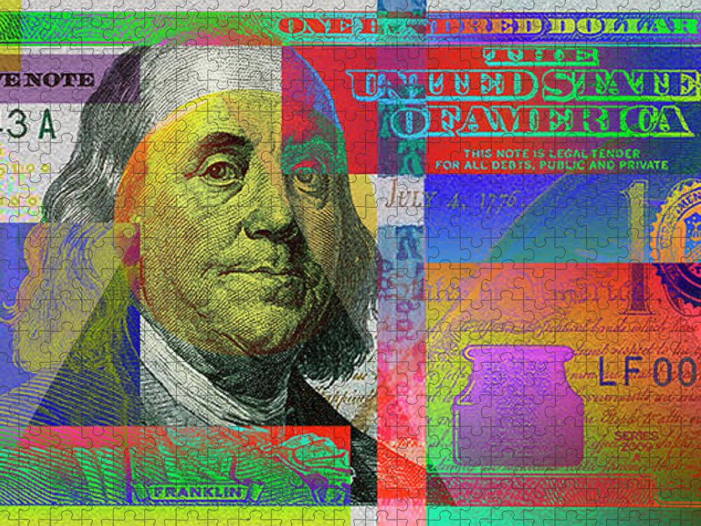 'paper Currency' Collection By Serge Averbukh Jigsaw Puzzle featuring the digital art 2009 Series Pop Art Colorized U. S. One Hundred Dollar Bill No. 1 by Serge Averbukh