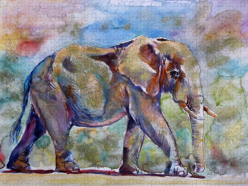 Elephant Jigsaw Puzzle featuring the painting Elephant in gold #3 by Kovacs Anna Brigitta