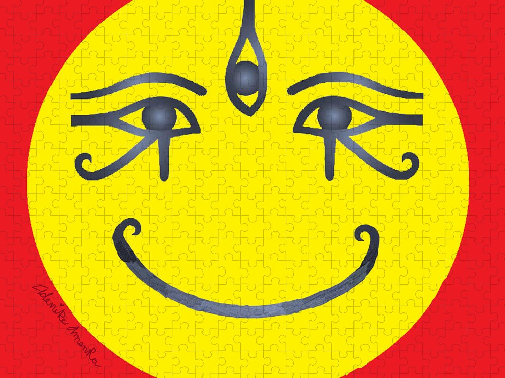 3 Eyes Smile Jigsaw Puzzle featuring the tapestry - textile 3 Eyes Smiling by Adenike AmenRa