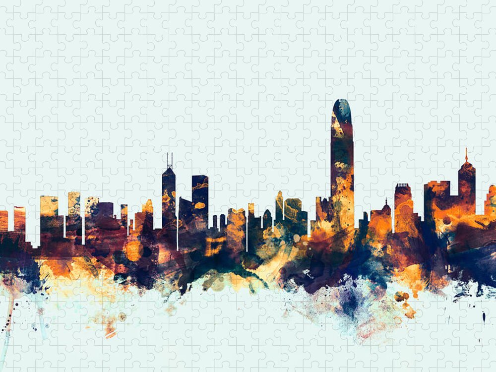 Watercolour Puzzle featuring the digital art Hong Kong Skyline by Michael Tompsett