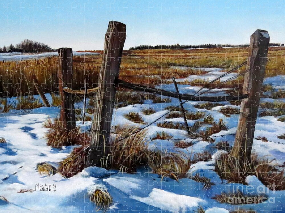 Posts Jigsaw Puzzle featuring the painting 3 Old Posts 2 by Marilyn McNish