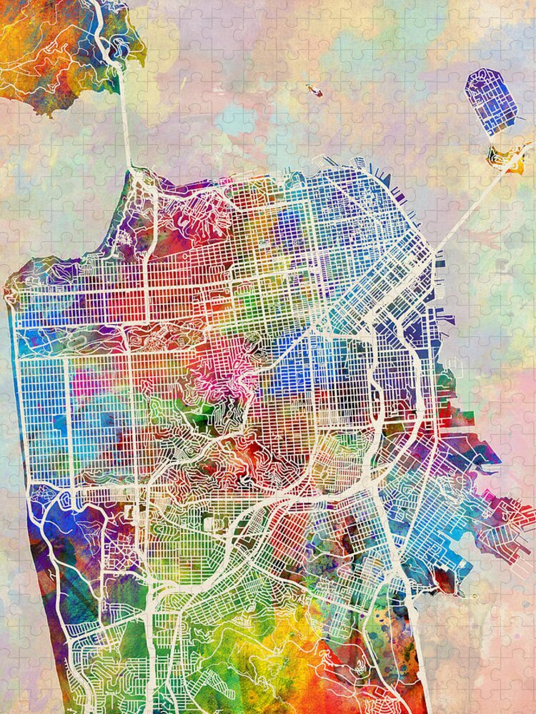 San Francisco Jigsaw Puzzle featuring the digital art San Francisco City Street Map #3 by Michael Tompsett