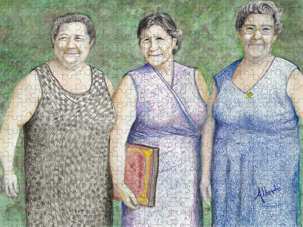 Sisters Jigsaw Puzzle featuring the drawing 3 Sisters by Albert Puskaric