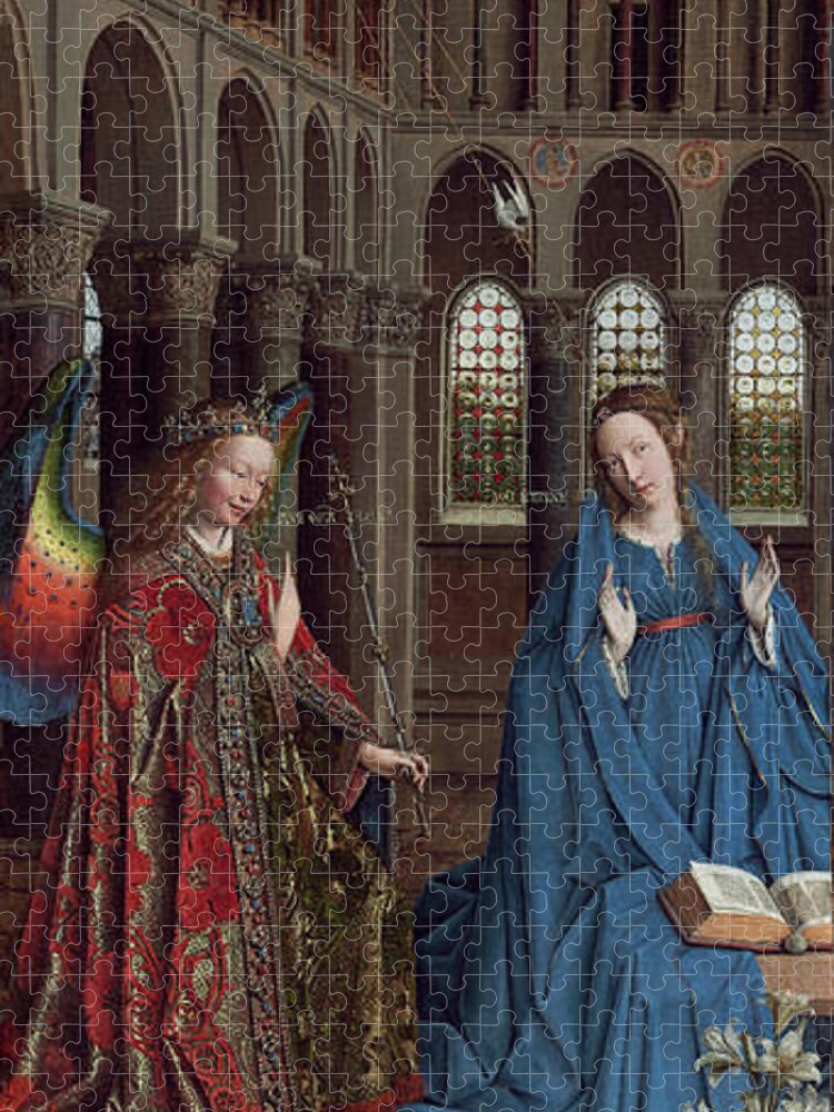 The Annunciation Jigsaw Puzzle featuring the painting The Annunciation #3 by Jan van Eyck