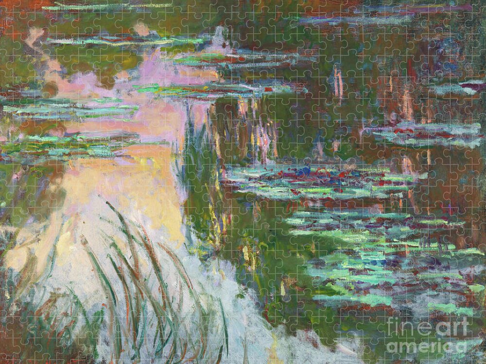 Water Lilies Jigsaw Puzzle featuring the painting Water Lilies Setting Sun by Monet by Claude Monet