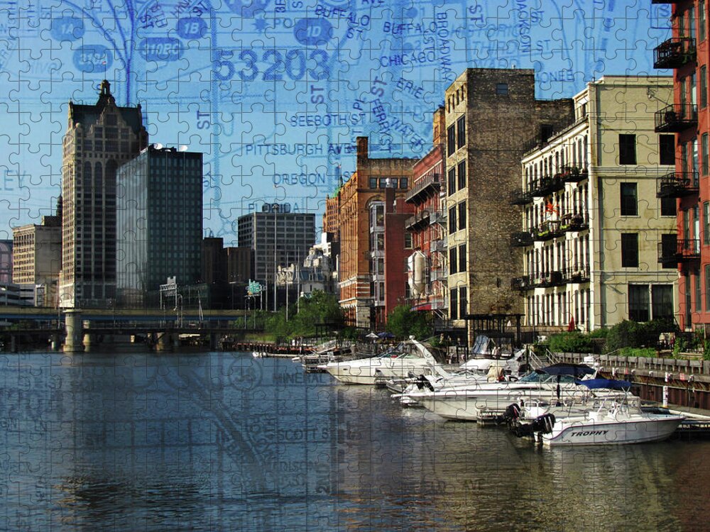 Milwaukee Jigsaw Puzzle featuring the photograph 3rd Ward River and Boats w Map by Anita Burgermeister