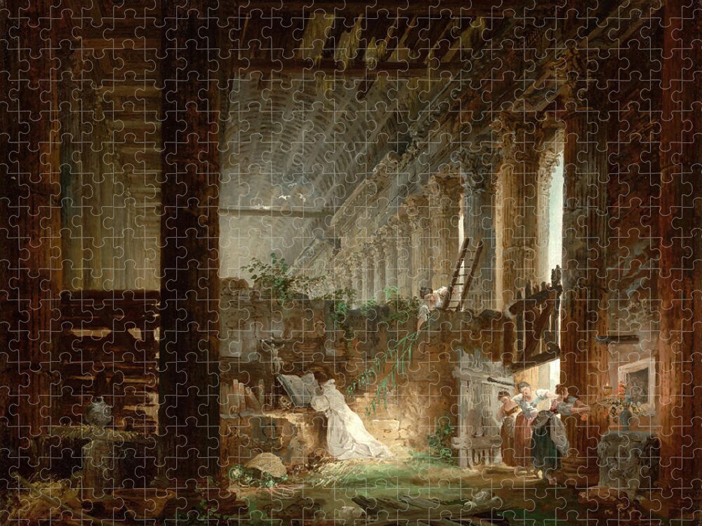Hubert Robert Jigsaw Puzzle featuring the painting A Hermit Praying in the Ruins of a Roman Temple by Hubert Robert