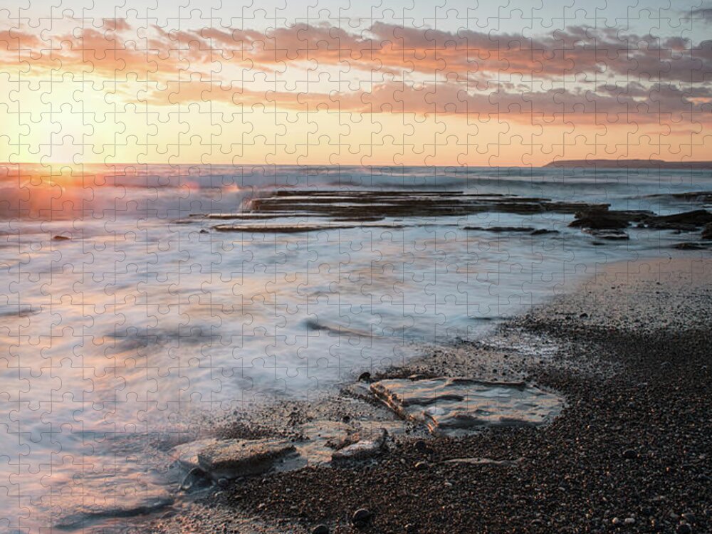Seascape Jigsaw Puzzle featuring the photograph Beautiful dramatic Sunset over a rocky coast #5 by Michalakis Ppalis