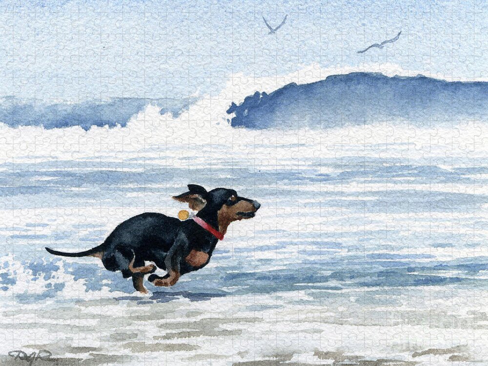 Dachshund Jigsaw Puzzle featuring the painting Dachshund at the Beach #3 by David Rogers