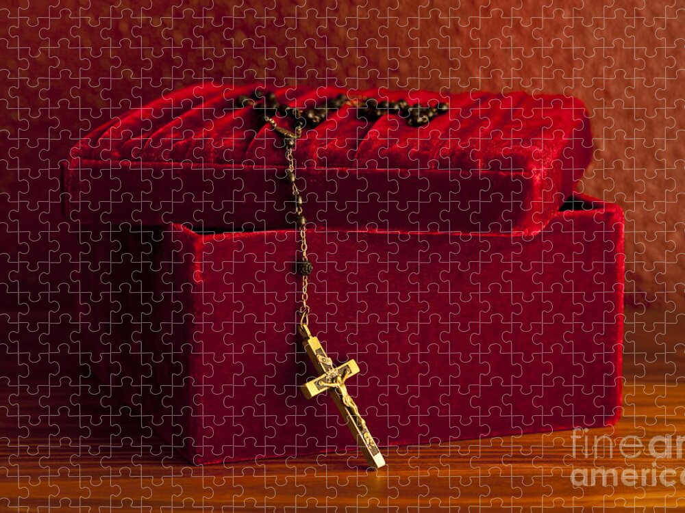 Catholic Jigsaw Puzzle featuring the photograph Red Velvet Box With Cross And Rosary #4 by Jim Corwin