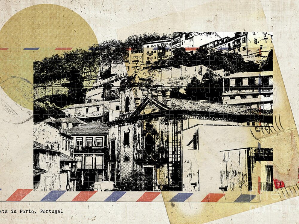 Porto Jigsaw Puzzle featuring the digital art stylish retro postcard of Porto #3 by Ariadna De Raadt