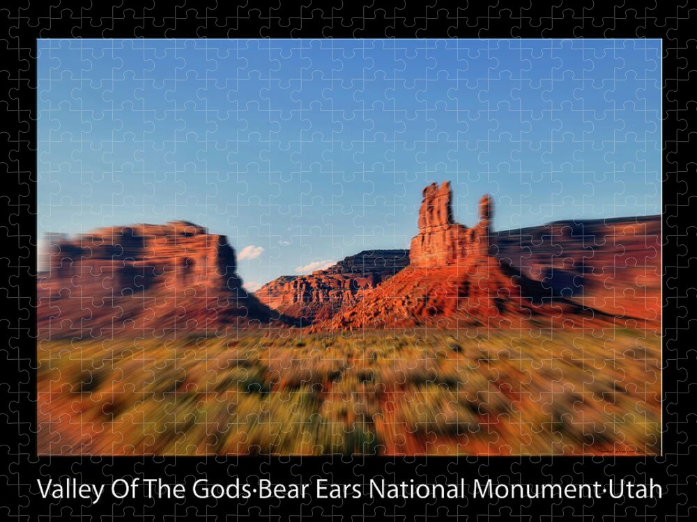Valley Of The Gods Jigsaw Puzzle featuring the photograph 4 Wheeling Valley Of The Gods Utah Text Black by Thomas Woolworth