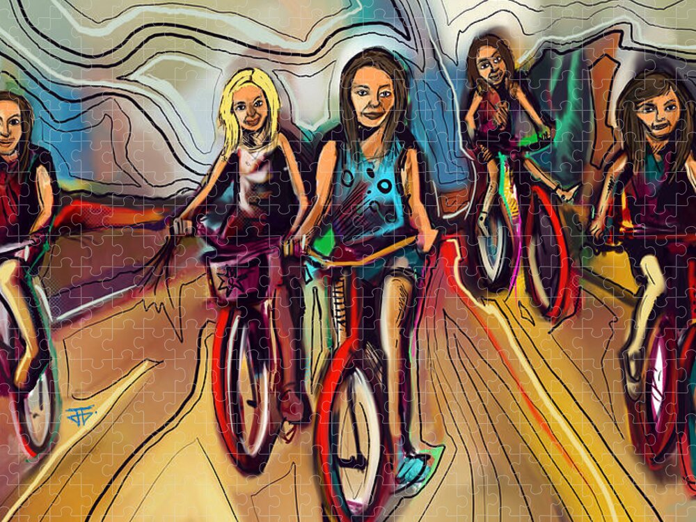  Jigsaw Puzzle featuring the painting 5 Bike Girls by John Gholson