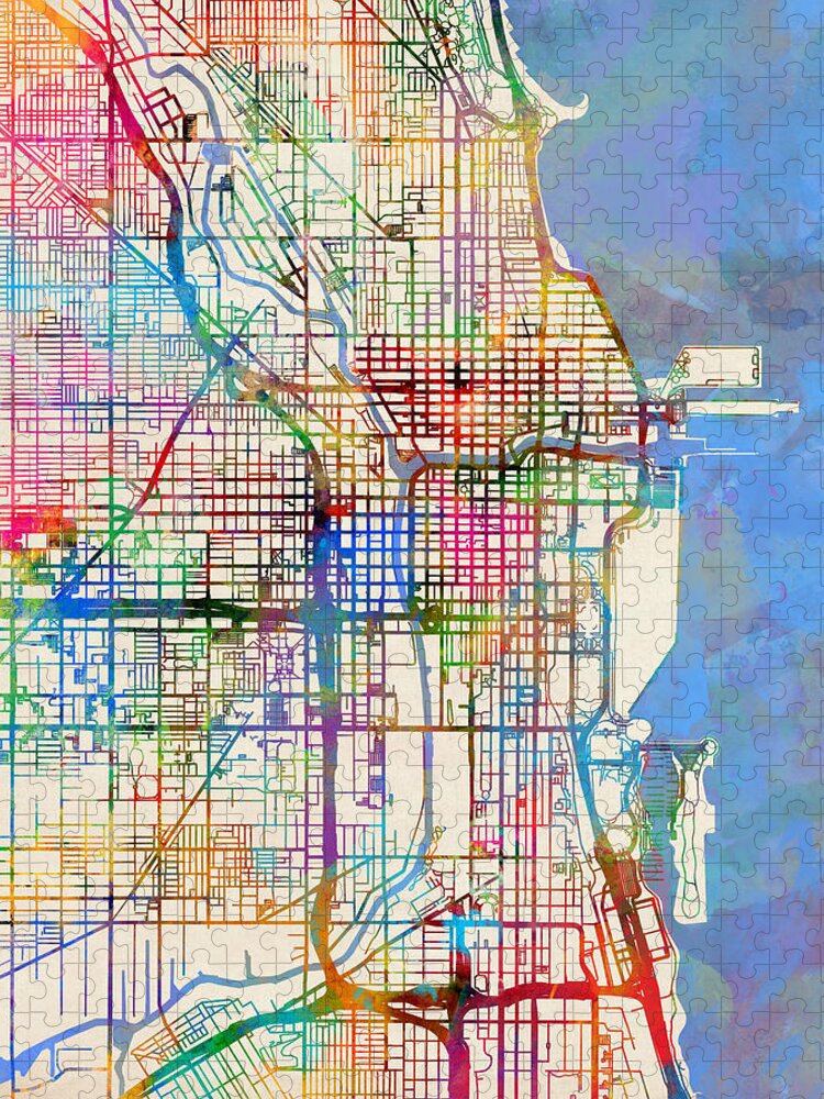 Chicago Puzzle featuring the digital art Chicago City Street Map by Michael Tompsett
