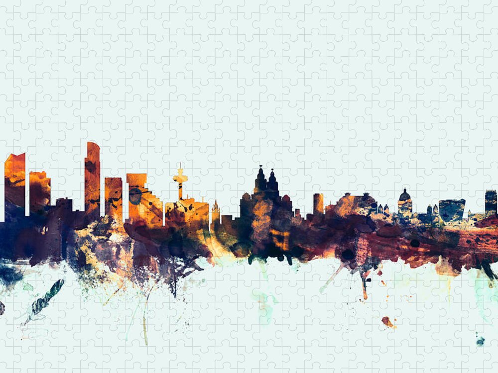 City Puzzle featuring the digital art Liverpool England Skyline by Michael Tompsett
