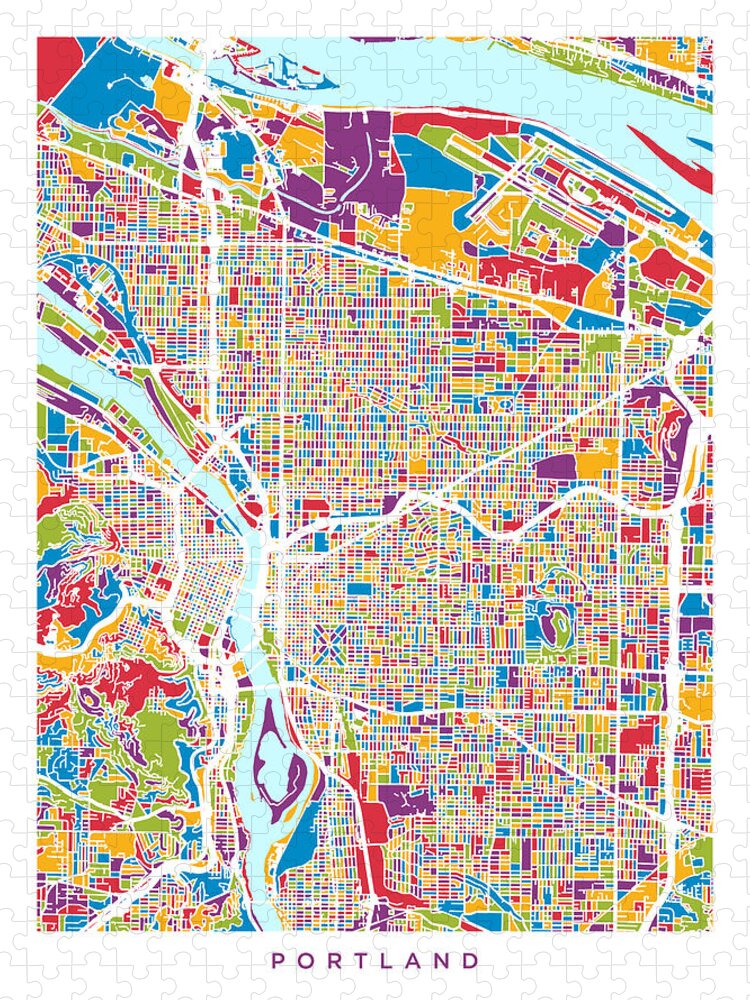 Portland Puzzle featuring the digital art Portland Oregon City Map by Michael Tompsett