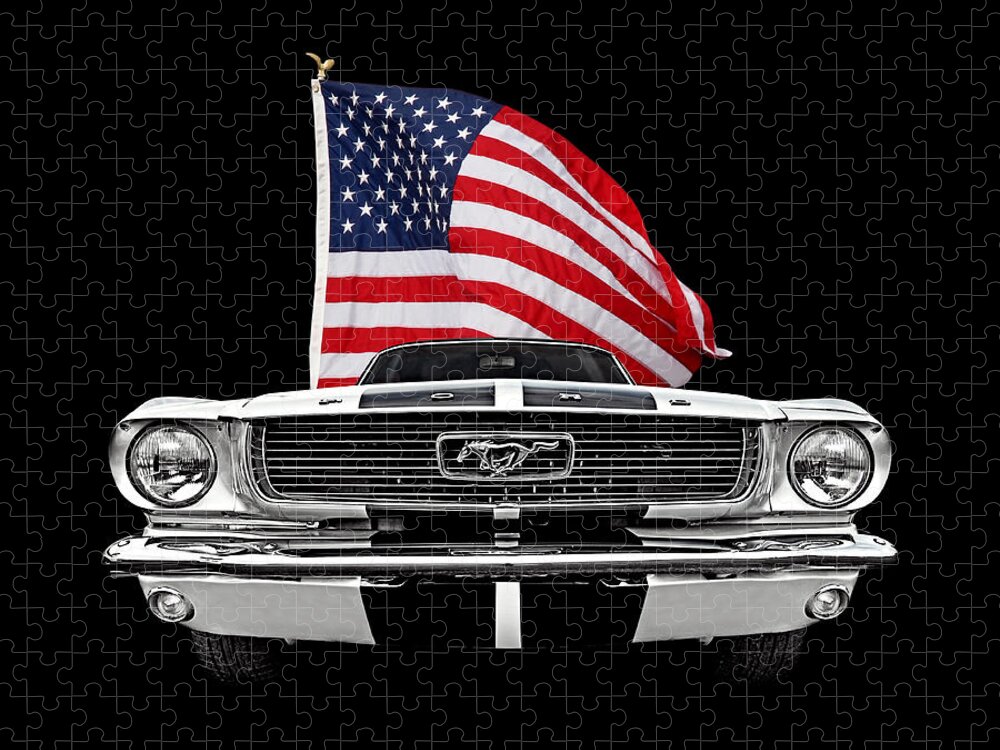 Mustang Jigsaw Puzzle featuring the photograph 66 Mustang With U.S. Flag On Black by Gill Billington