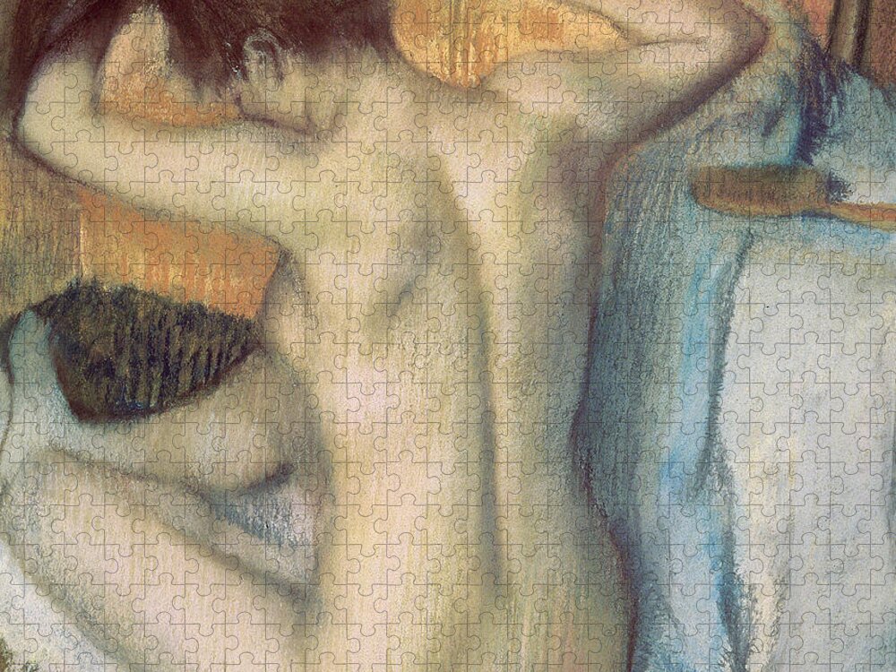 Nude Jigsaw Puzzle featuring the painting Woman combing her hair by Edgar Degas