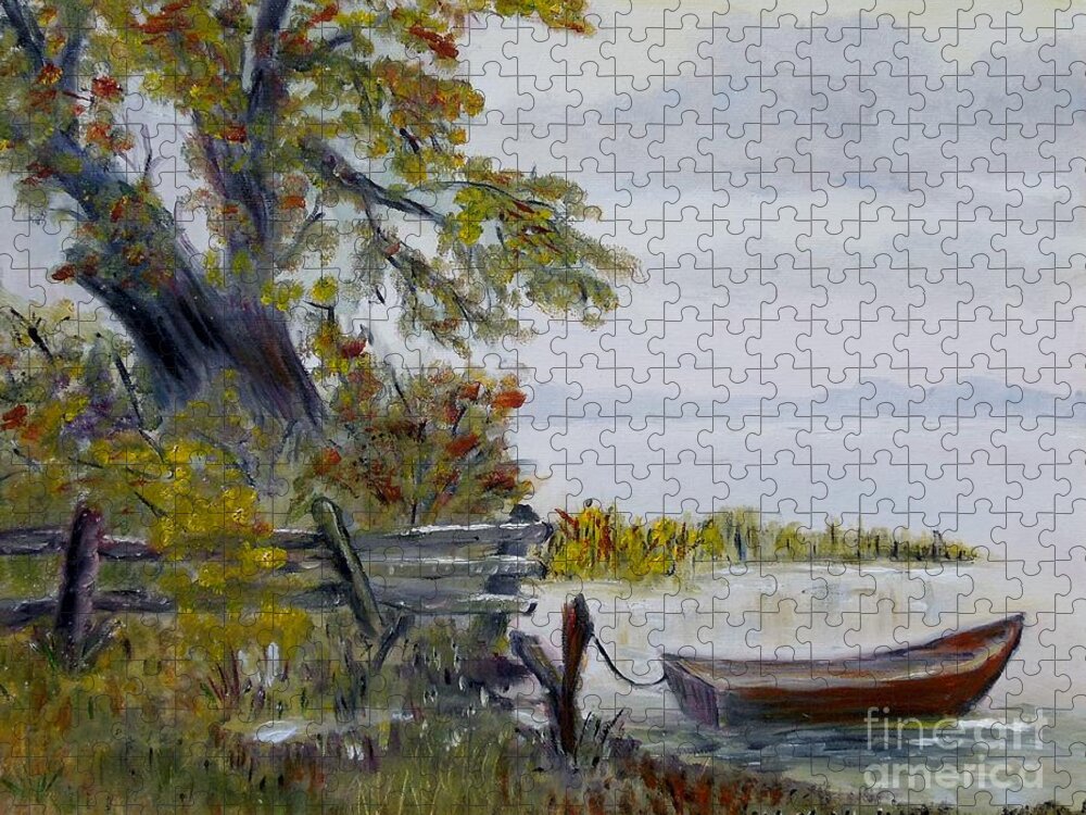 Boat Jigsaw Puzzle featuring the painting A boat waiting by Marilyn McNish