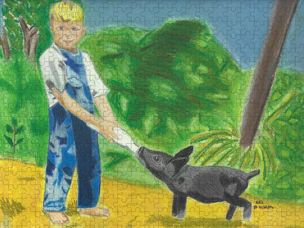 Boy Jigsaw Puzzle featuring the drawing A Boy and his Pig by Ali Baucom