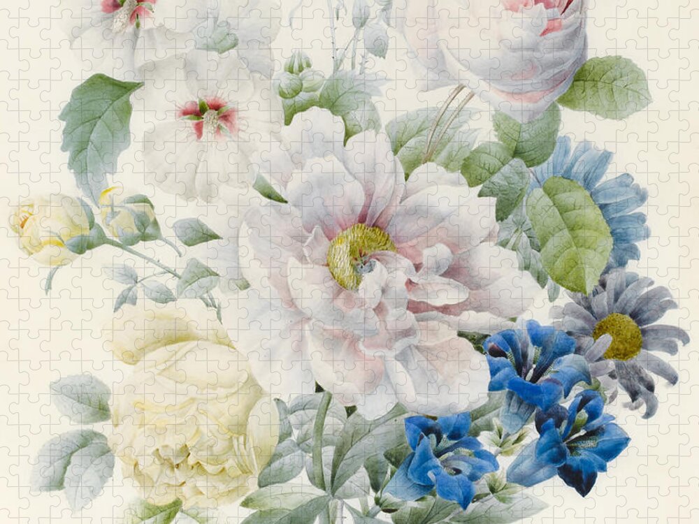 A Bunch Of Flowers Jigsaw Puzzle featuring the painting A Bunch of Flowers by Pierre Joseph Redoute