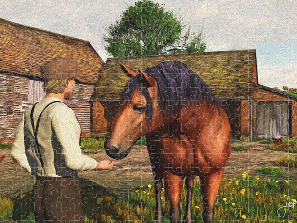 Farmer Jigsaw Puzzle featuring the digital art A Farmer and His Horse by Jayne Wilson