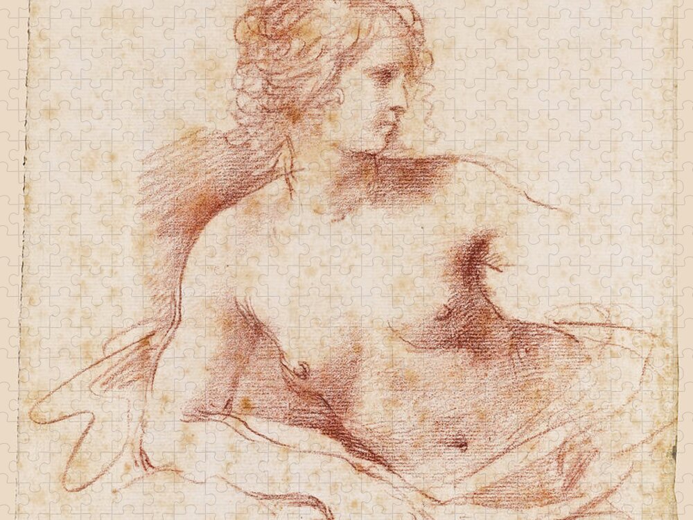 Guercino Jigsaw Puzzle featuring the drawing A female nude looking to the right half length resting her right arm on a cushion by Guercino
