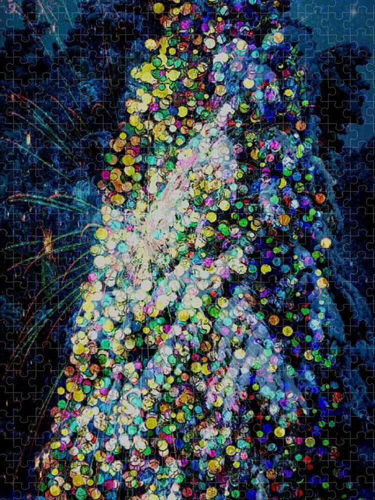 Snowy Forest At Night Jigsaw Puzzle featuring the digital art Night Forest Tree With Lights by Pamela Smale Williams