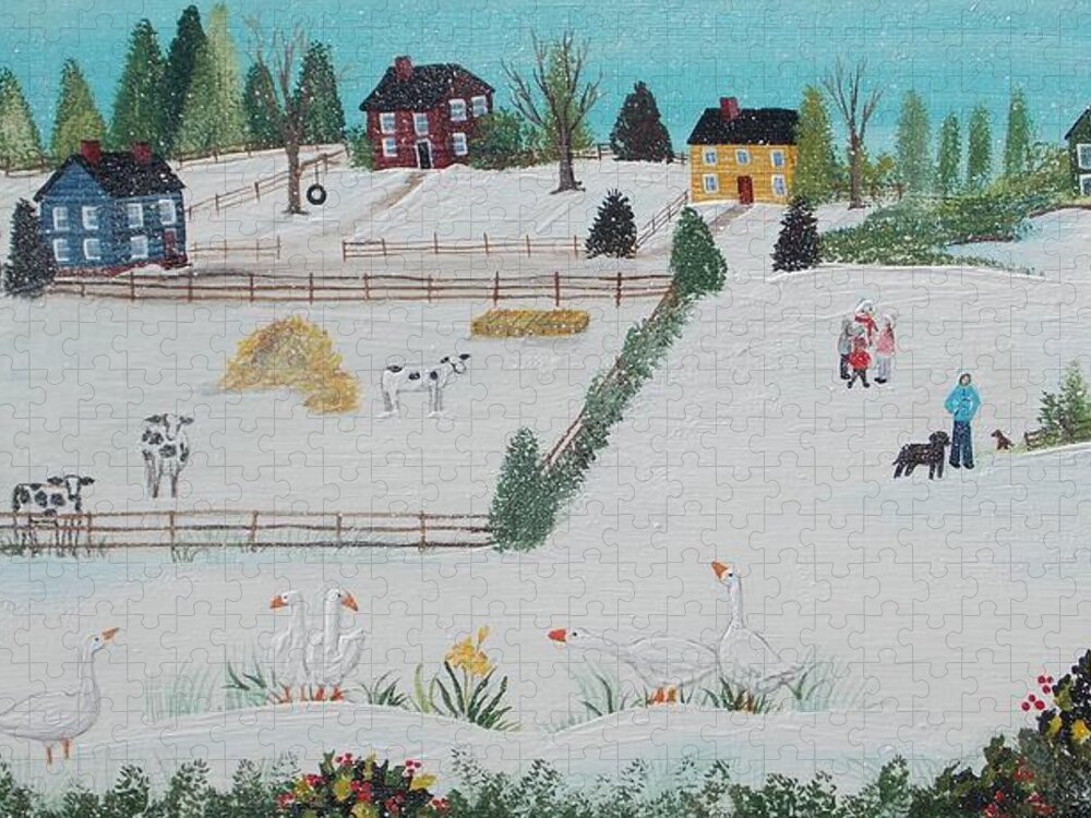 Farm Jigsaw Puzzle featuring the painting A Gaggle of Geese by Virginia Coyle
