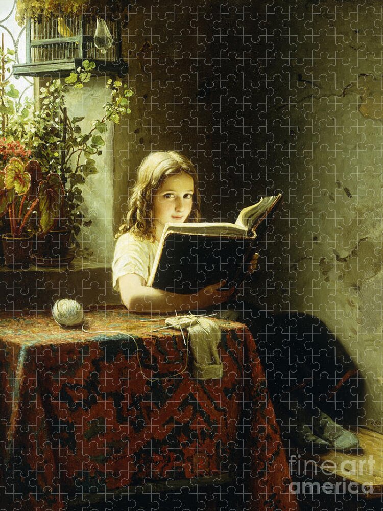 A Girl Reading Jigsaw Puzzle featuring the painting A Girl Reading by Johann Georg Meyer