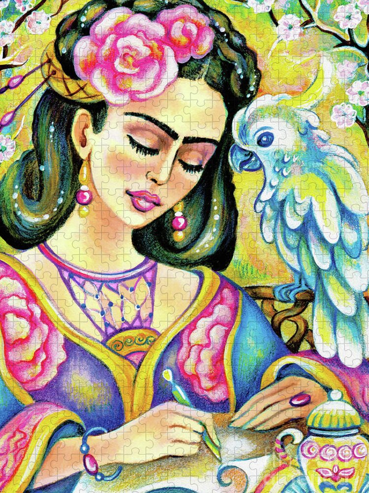 Woman And Parrot Jigsaw Puzzle featuring the painting A Letter to Far Away by Eva Campbell