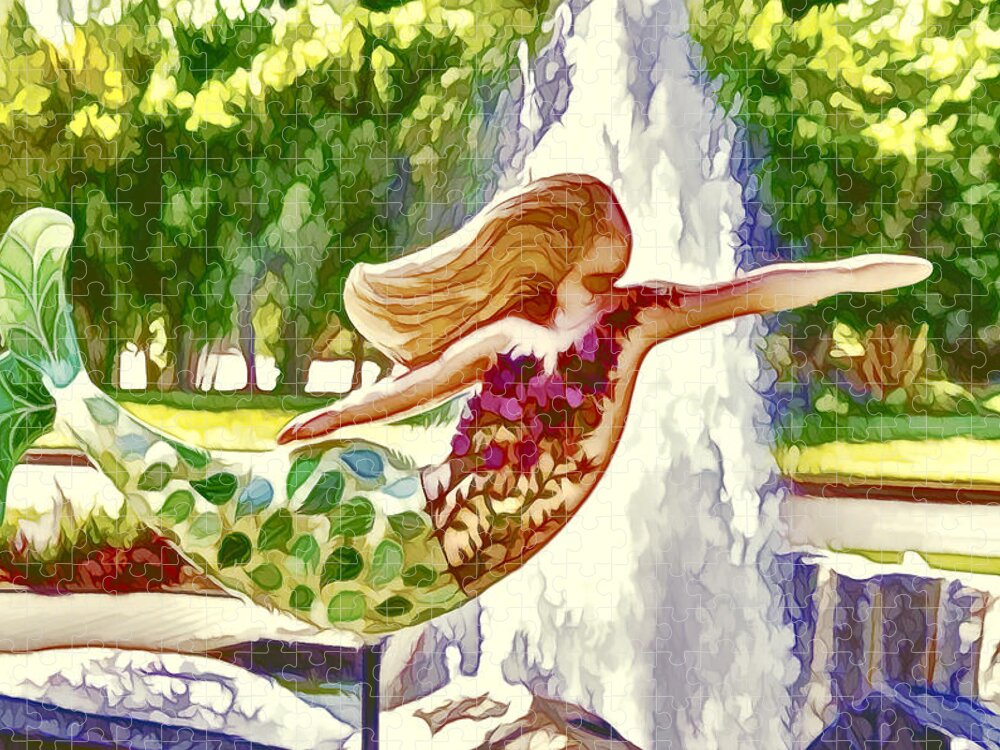 Mermaid Jigsaw Puzzle featuring the painting A mermaid in a norfolk botanical gardens 1 by Jeelan Clark