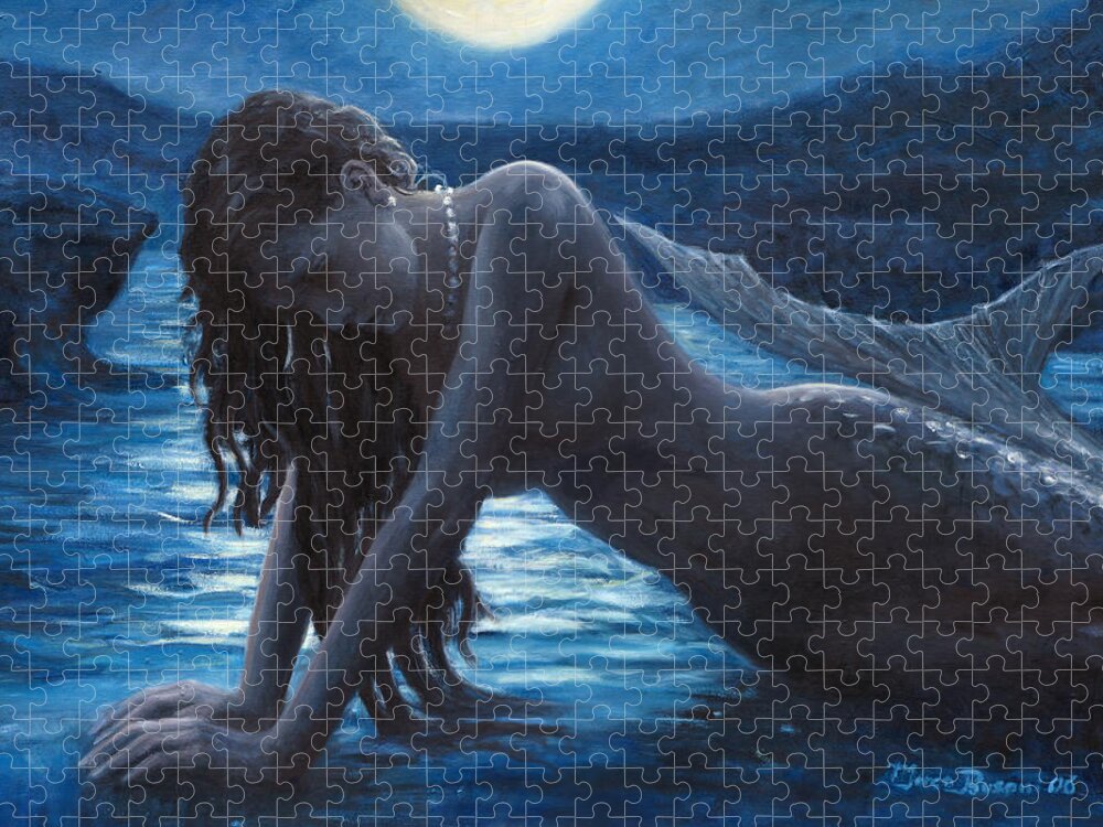 Mermaid Jigsaw Puzzle featuring the painting A mermaid in the moonlight - love is mystery by Marco Busoni