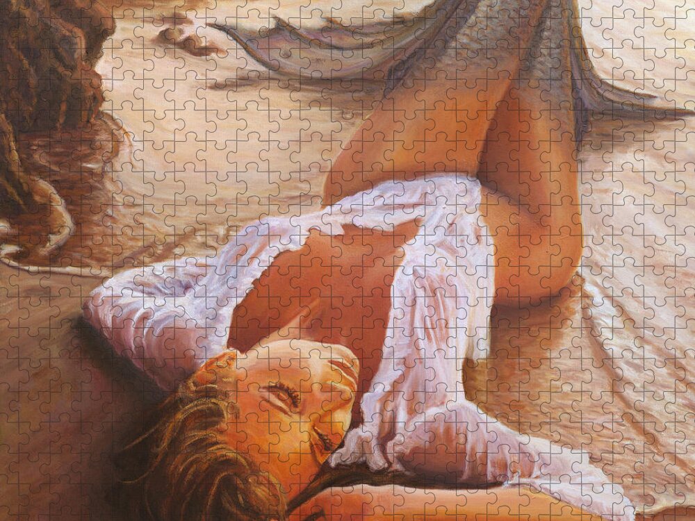 Mermaid Jigsaw Puzzle featuring the painting A mermaid in the sunset by Marco Busoni