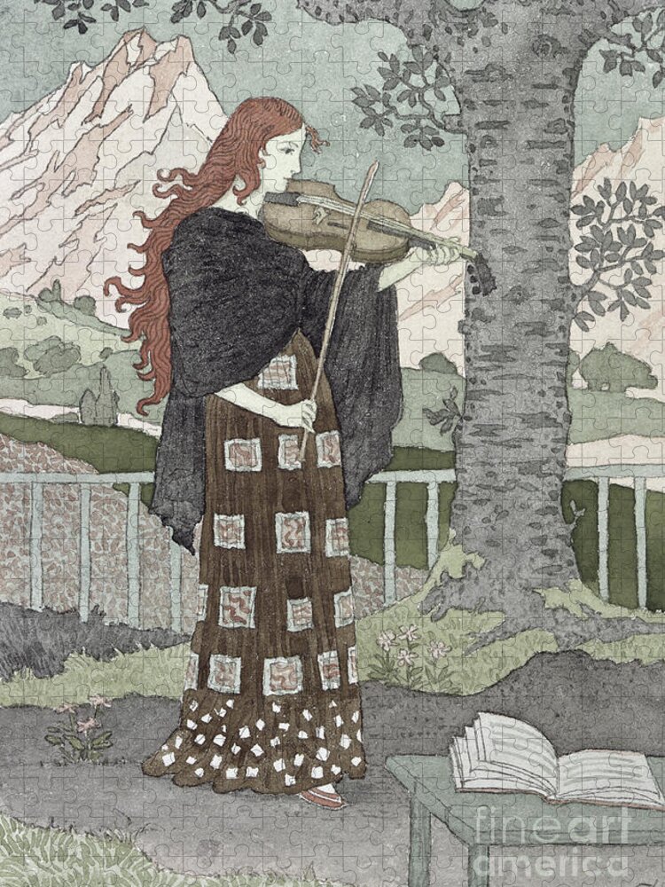 A Musician (w/c On Paper) By Eugene Grasset (1841-1917) Jigsaw Puzzle featuring the painting A Musician by Eugene Grasset by Eugene Grasset