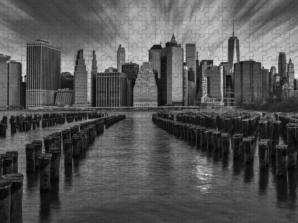 Brooklyn Jigsaw Puzzle featuring the photograph A New York City Day Begins BW by Susan Candelario