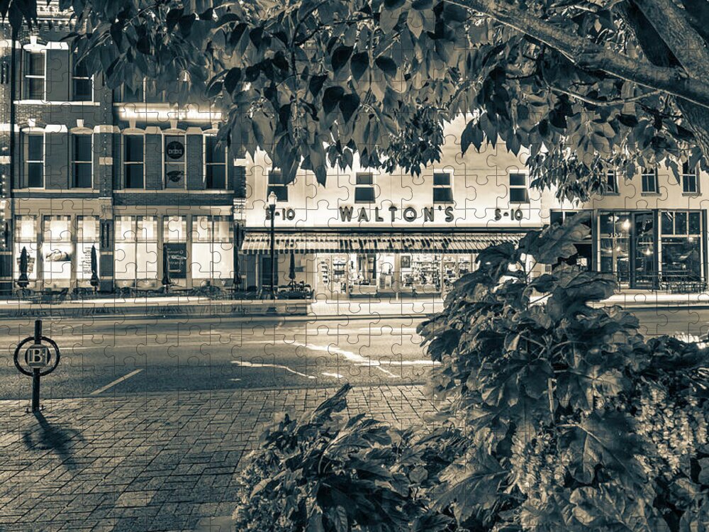 America Jigsaw Puzzle featuring the photograph A Night On The Bentonville Arkansas Square Sepia Black White by Gregory Ballos