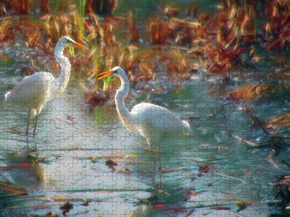 Birds Jigsaw Puzzle featuring the photograph A Pair Of Snowy Egrets by Diana Haronis