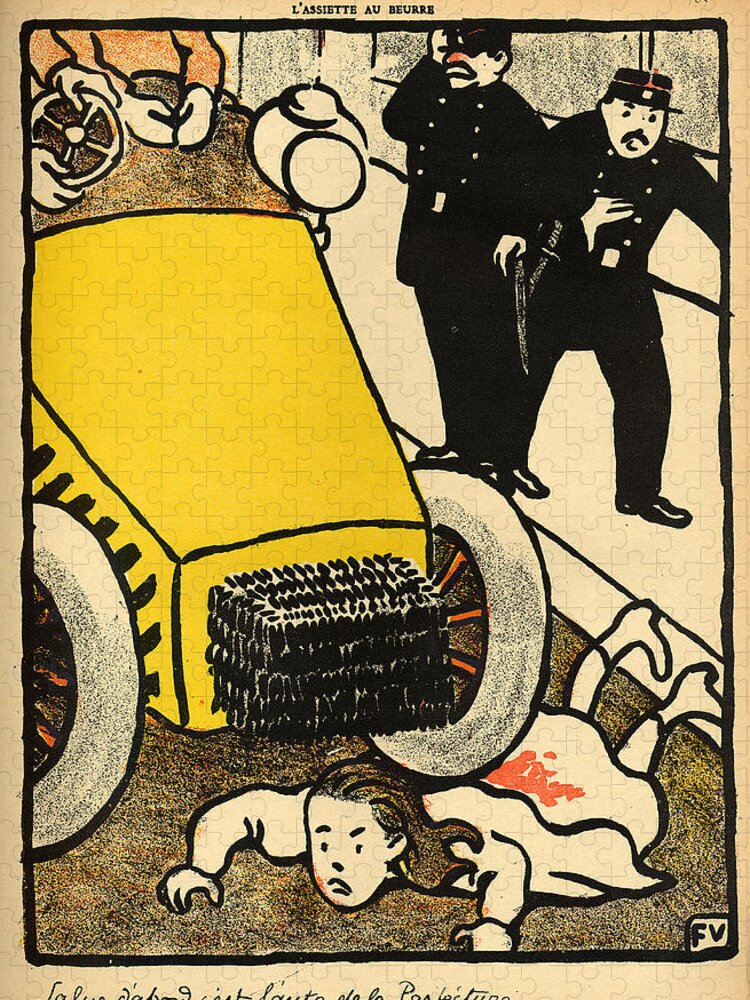 Injustice; Cruelty; Brutality; Abuse; Policeman; Policemen; French; Illustration; Female; Outrage; Authority Jigsaw Puzzle featuring the painting A police car runs over a little girl by Felix Vallotton