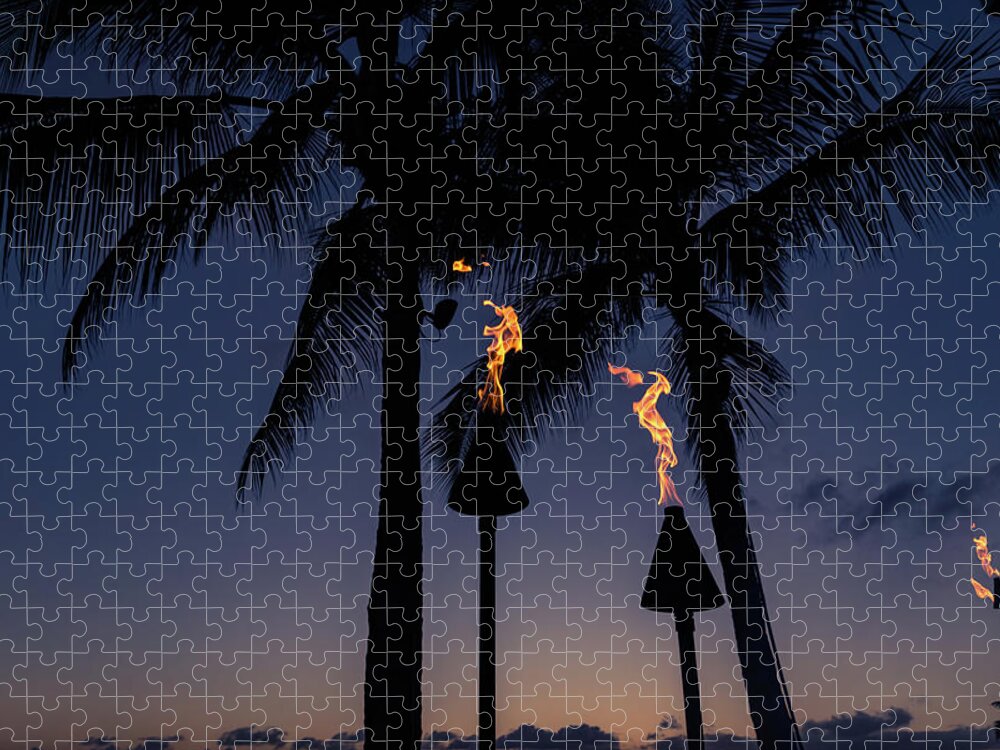 Tiki Torches Jigsaw Puzzle featuring the photograph A Purple Night for a Beach Party by Georgia Mizuleva