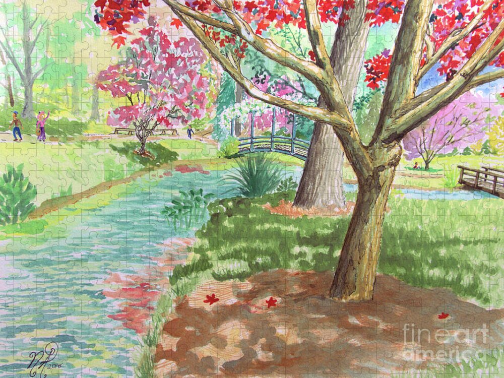 Garden Jigsaw Puzzle featuring the painting A quiet stroll in the Japanese Gardens of Gibbs Gardens by Nicole Angell