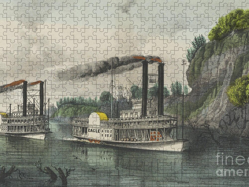 A Race On The Mississippi Jigsaw Puzzle featuring the painting A Race on the Mississippi, 1870 by Currier and Ives