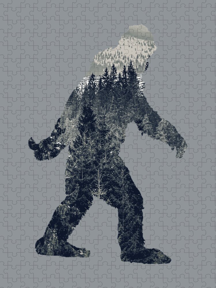 Sasquatch Jigsaw Puzzle featuring the digital art A Sasquatch Bigfoot Silhouette Hiking The Tundra Deep Forest by Garaga Designs