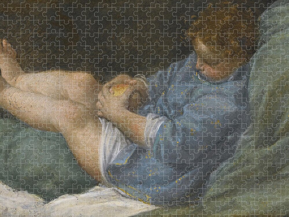 Donato Creti Jigsaw Puzzle featuring the painting A sleeping boy holding an apple by Donato Creti