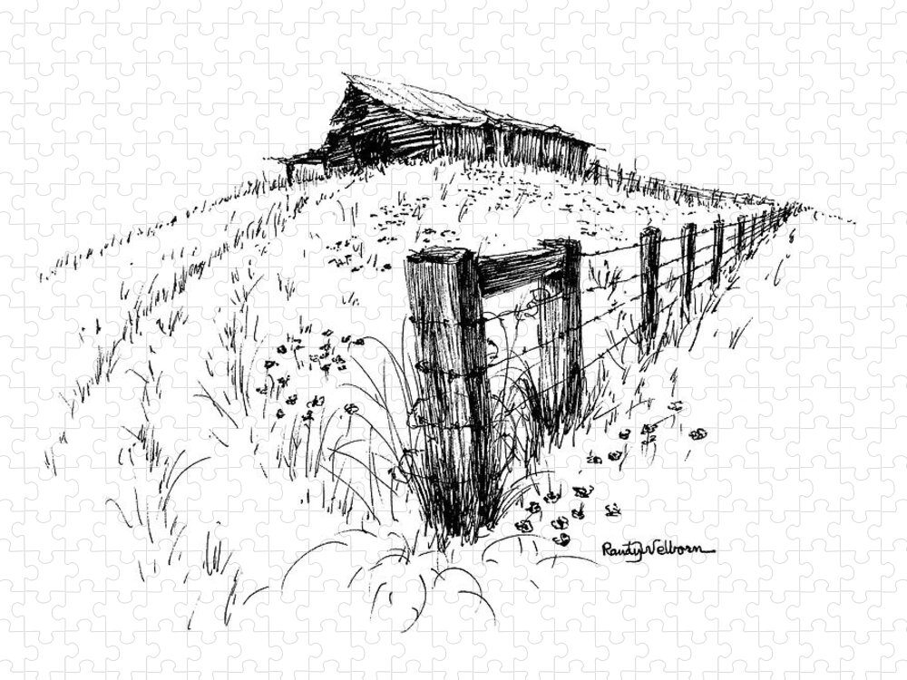 Fence Jigsaw Puzzle featuring the drawing A Strong Fence and Weak Barn by Randy Welborn