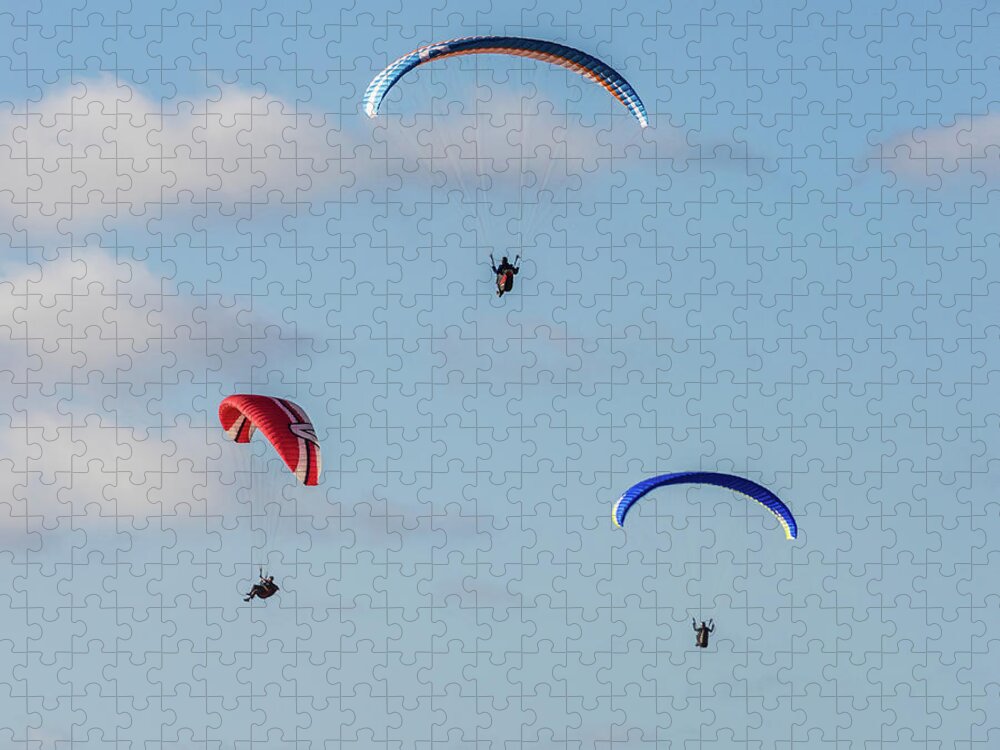 Beach Jigsaw Puzzle featuring the photograph A Trio of Paragliders at Torrey Pines Gliderport by David Levin