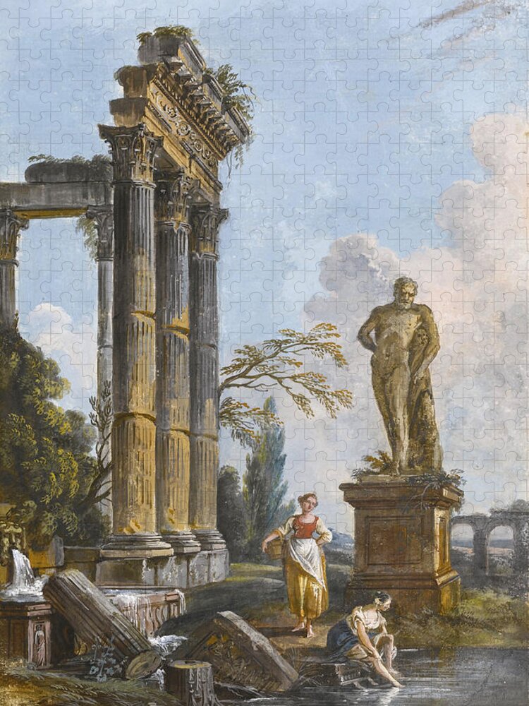 Jean-baptiste Lallemand Jigsaw Puzzle featuring the drawing A View Of a Ruined Temple With Washerwomen by Jean-Baptiste Lallemand