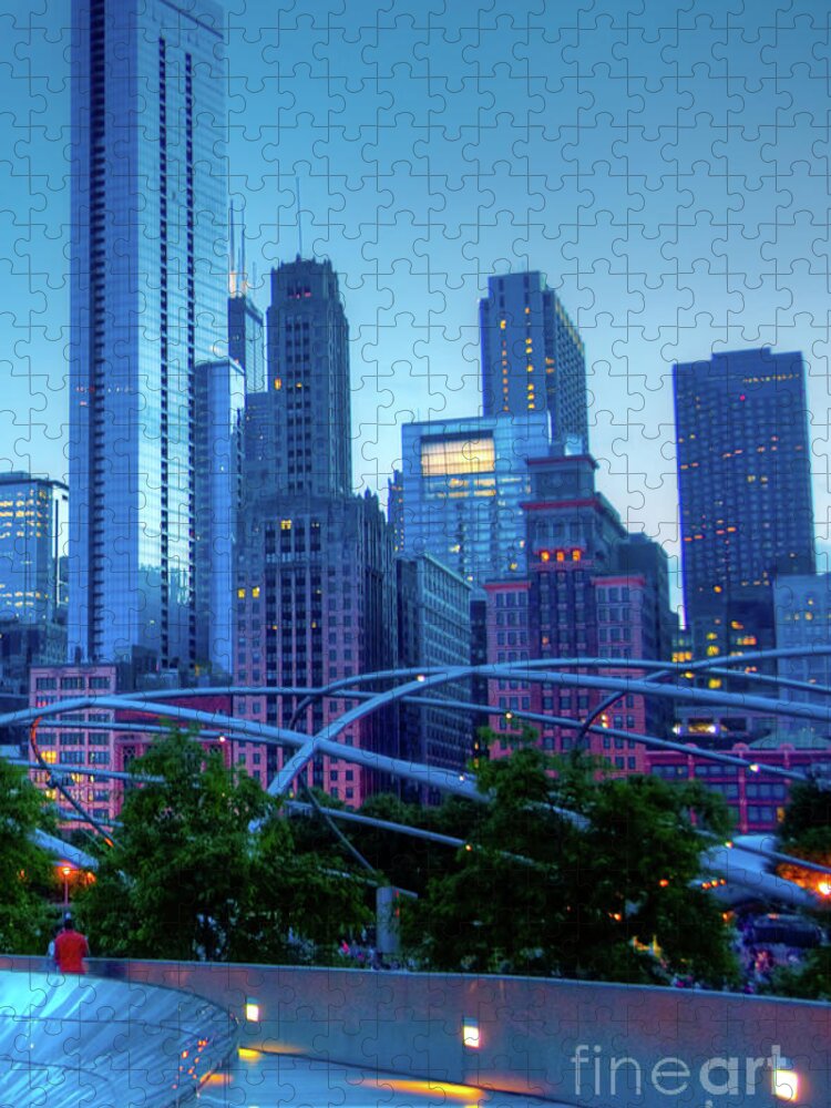 Amoco Bridge Jigsaw Puzzle featuring the photograph A View of Millenium Park from the Amoco Bridge in Chicago at Dus by David Levin