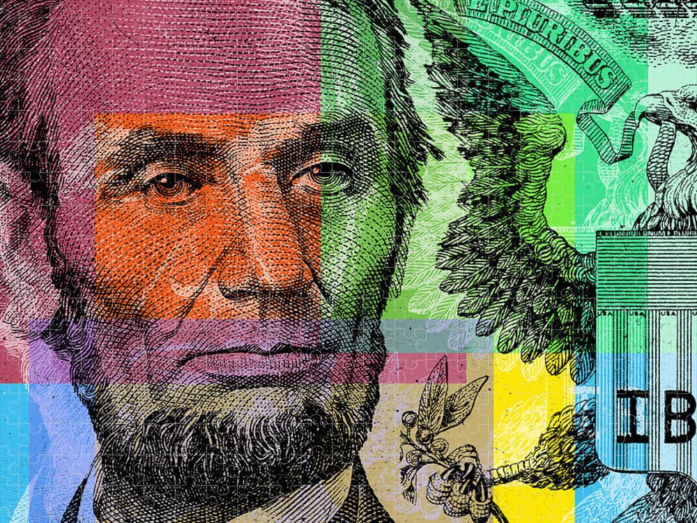 Abraham Lincoln Jigsaw Puzzle featuring the digital art Abraham Lincoln - $5 bill by Jean luc Comperat