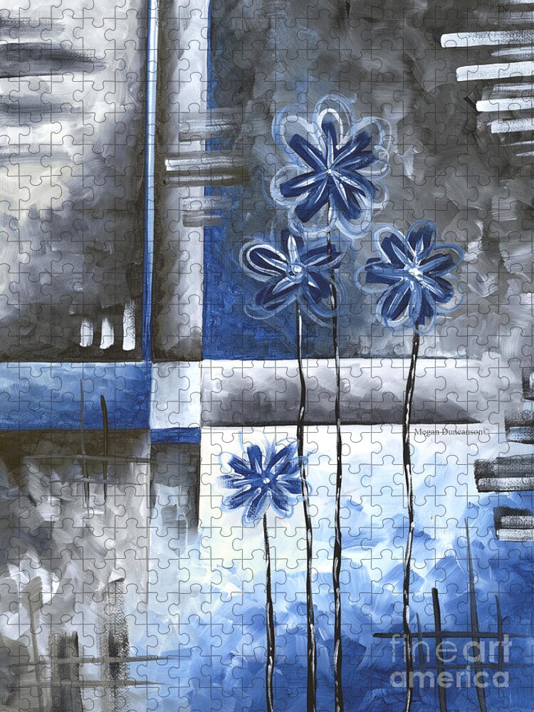 Abstract Jigsaw Puzzle featuring the painting Abstract Original Art Contemporary Blue and Gray Painting by Megan Duncanson Blue Destiny IV MADART by Megan Aroon